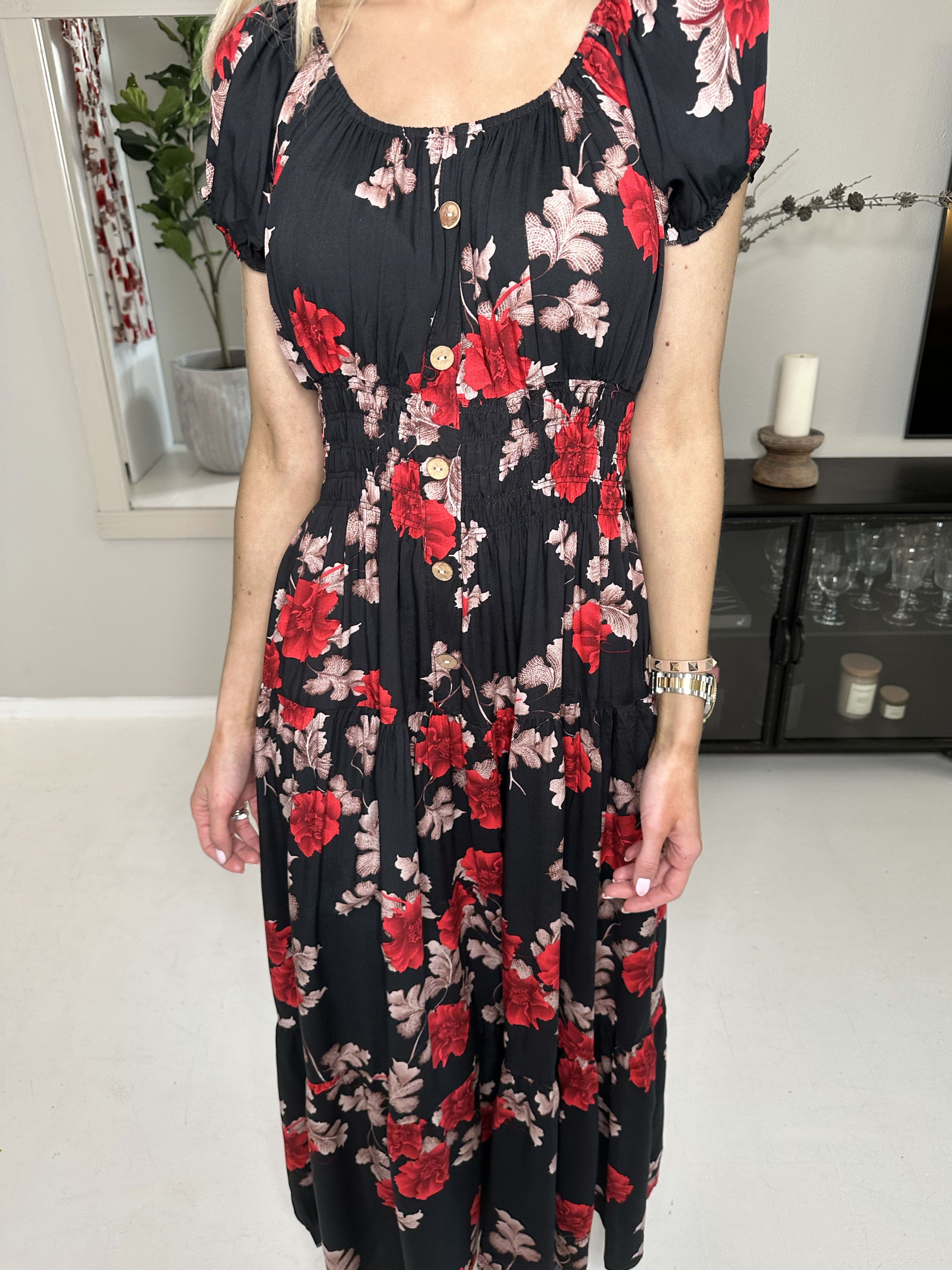 Finalia Rose - Lång klänning med elastisk midja och rosmotiv